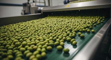 Fresh green olives being processed on a conveyor belt in a modern factory photo