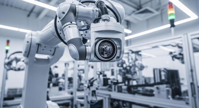 Sophisticated robotic arm with camera in a modern automated smart factory photo