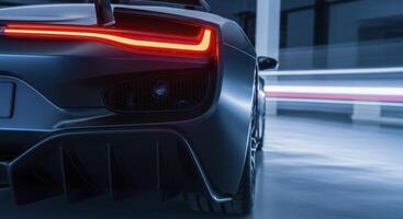 dark supercar rear view with glowing red LED taillights and diffuser photo
