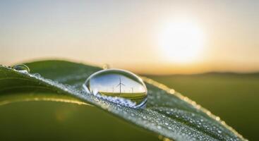 Dewdrop on green leaf reflecting wind turbines at sunrise for renewable energy photo
