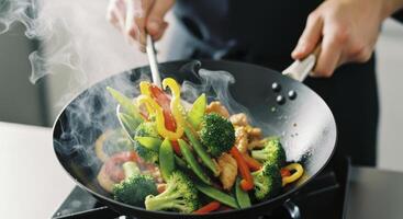 Professional chef tossing vibrant stir fry with fresh vegetables in steaming wok photo