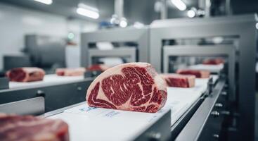 Premium marbled raw steak cuts moving on a modern meat processing conveyor belt photo