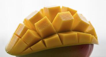 Close up of a perfectly ripe mango, expertly sliced and fanned out to reveal its vibrant golden flesh photo