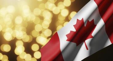 Waving canadian flag with red maple leaf against bright golden bokeh lights photo