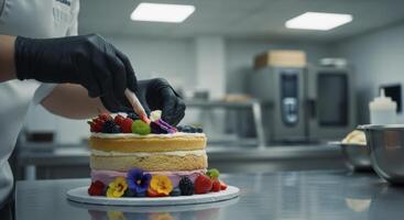 Professional baker decorating a vibrant multi tiered cake with fresh berries and edible flowers photo