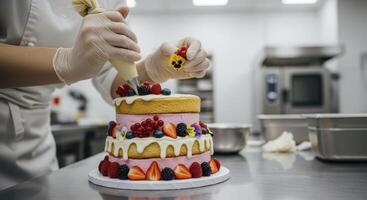 Professional baker decorating multi tiered cake with fresh berries and drip icing in a commercial kitchen photo