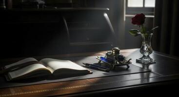 Antique executive desk with open book, fountain pen, inkwell, and red rose photo