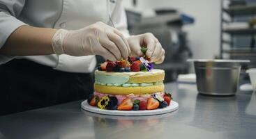 Professional baker decorating multi tiered cake with fresh berries and edible flowers photo