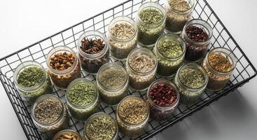 Variety of dried herbs and spices in clear glass mason jars in a wire basket photo