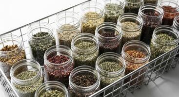 Assortment of dried herbs and spices in clear glass jars on a metal rack for kitchen storage photo