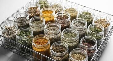 Assortment of dried herbs and spices in glass jars arranged in a metal rack for kitchen storage photo
