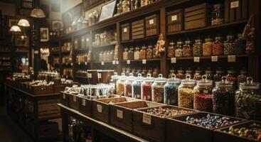 Old fashioned general store interior with colorful candies in jars and crates photo