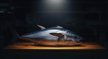 Magnificent whole fresh tuna fish on a wooden table with dramatic cinematic lighting photo