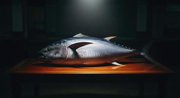 Magnificent whole tuna fish displayed on a wooden table with dramatic lighting photo