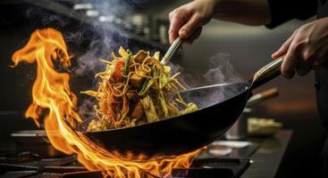 Chef cooking delicious asian stir fried noodles and vegetables in a flaming wok photo