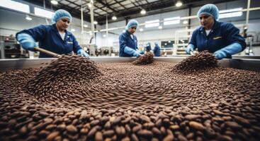 Industrial factory workers processing raw cocoa beans in a large vat photo