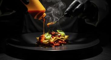 Professional chef gloved hands meticulously drizzling sauce over a gourmet lasagna dish with rising steam photo