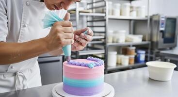Professional pastry chef decorating a colorful layer cake in a modern bakery kitchen photo
