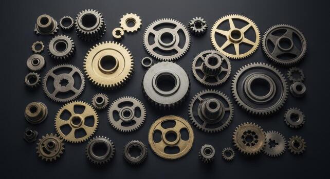 Collection of various metallic gears and cogs scattered on a dark background, representing industry and engineering photo