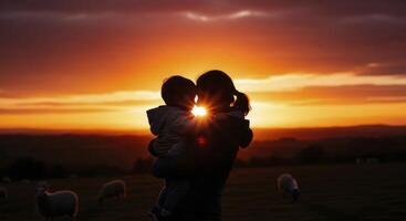 Tender embrace of mother and child silhouetted against a vibrant sunset sky photo