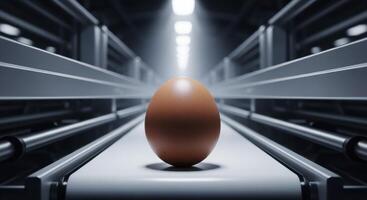 Single brown egg on a futuristic industrial conveyor belt in a modern factory photo