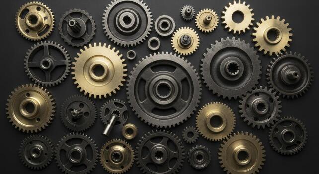 Metallic gears and cogs scattered on a dark industrial background photo