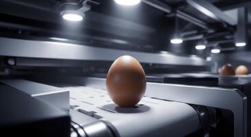 Single brown egg on a futuristic conveyor belt in a high tech food production facility. photo