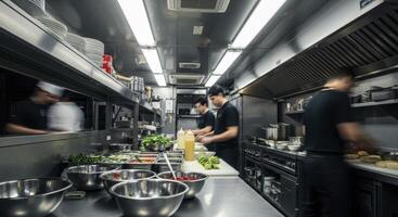 Dynamic scene of chefs preparing food in a modern, stainless steel commercial kitchen. photo