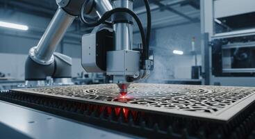 High tech robotic arm laser cutting intricate wooden panel in modern factory photo