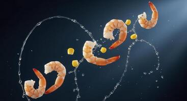 Dynamic cooked peeled shrimp and sweet corn kernels with water splash on dark background photo