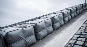 Modern modular flood barrier system with interlocking sand cubes for water protection photo