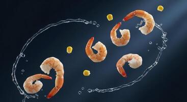 Dynamic studio shot of peeled shrimp and sweet corn kernels with water splash photo