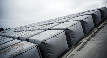 Modern modular flood barrier system with large sand filled cubes protecting against water photo