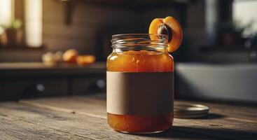 Artisanal apricot jam jar with fresh fruit slice on wooden table in kitchen photo