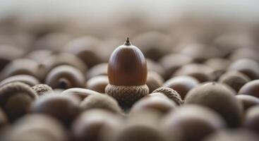 Single glossy oak acorn standing out among many blurred acorns in a macro shot photo
