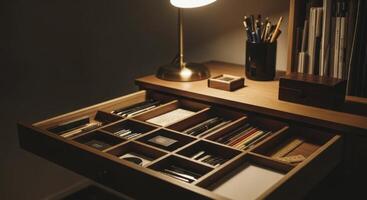Well organized wooden desk with open drawer filled with stationery and a warm lamp photo