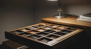 Organized wooden desk drawer with pens, pencils, and stationery in a home office photo