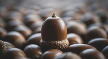 Single glossy oak acorn standing tall among blurred acorns in natural setting photo