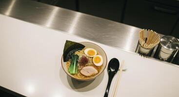 Minimalist overhead view of a fresh ramen bowl with pork, egg, and nori at a modern bar. photo