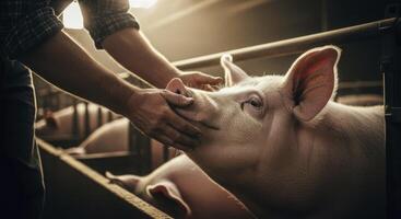 Close up of a farmer hands gently stroking the snout of a pig in a warm, sunlit barn, showing animal care photo
