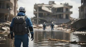 Man in blue protective suit and helmet surveys flooded urban disaster zone photo