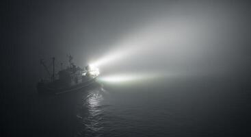 Isolated fishing boat navigating through dense fog at night with bright searchlight photo