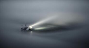 Isolated fishing boat cutting through thick night fog with a bright searchlight beam photo
