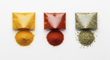 Three open spice packets with turmeric, paprika, and dried herbs spilled out on a white surface photo