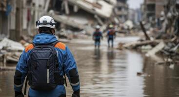 Search and rescue worker in blue suit walking through flooded city street after natural disaster photo