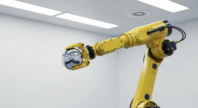 Sleek yellow robotic arm precisely gripping a polished chrome sphere in a modern clean room photo
