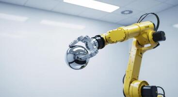 Yellow robotic arm gripping polished chrome sphere in a modern industrial clean room photo