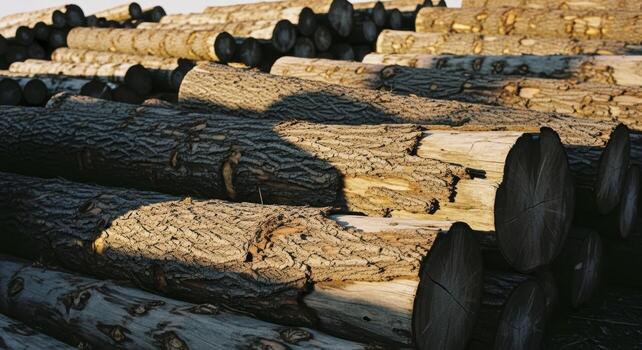 Large stack of weathered wooden logs in a lumberyard with sunlight and shadows photo