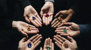 Top view of diverse hands forming a circle, each offering colorful gems and natural elements photo