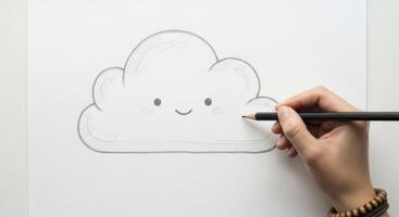 Hand sketching a minimalist cartoon cloud with a friendly smiling face photo